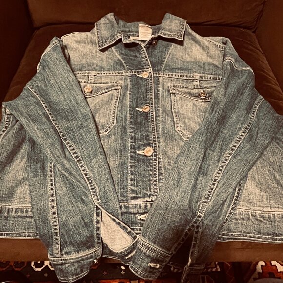 VINCE Denim Jacket Womens Distressed Sz Large Engineer Wash Western - Picture 1 of 6